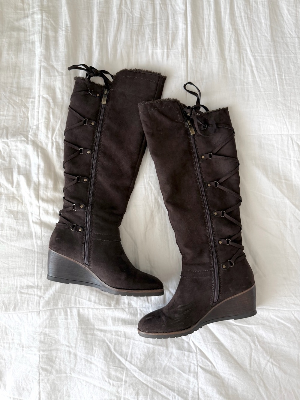 Bjorndal Collette Brown Faux Fur Lined Lace Up Knee High Wedge Boots Size 7